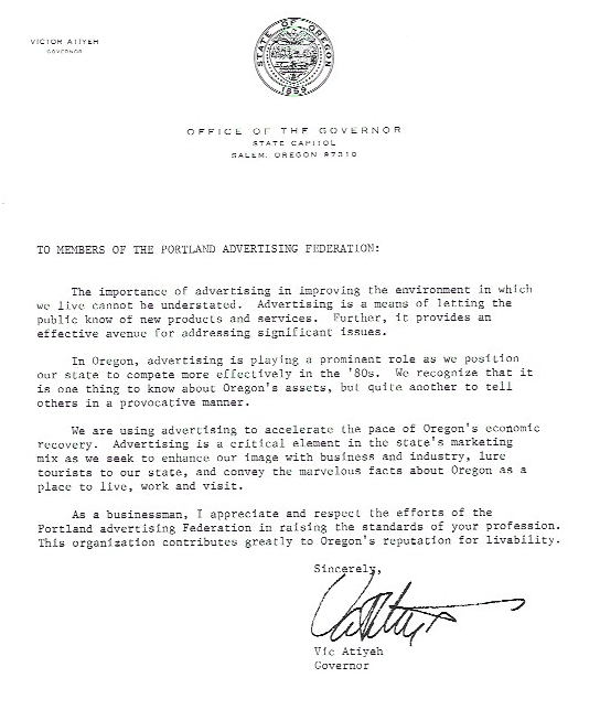 A letter to the Portland Ad Club from Vic Atiyeh, Governor of Oregon, 1984