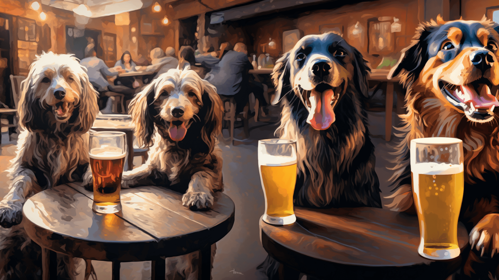 An animated picture of four dogs drinking beer in a dark, wood-paneled pub.