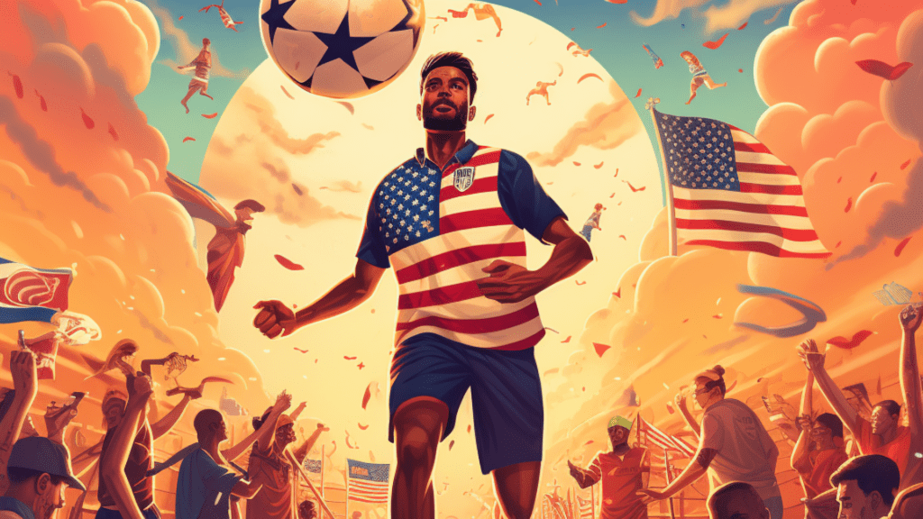 An animated image of a soccer player and crowd with American flags.