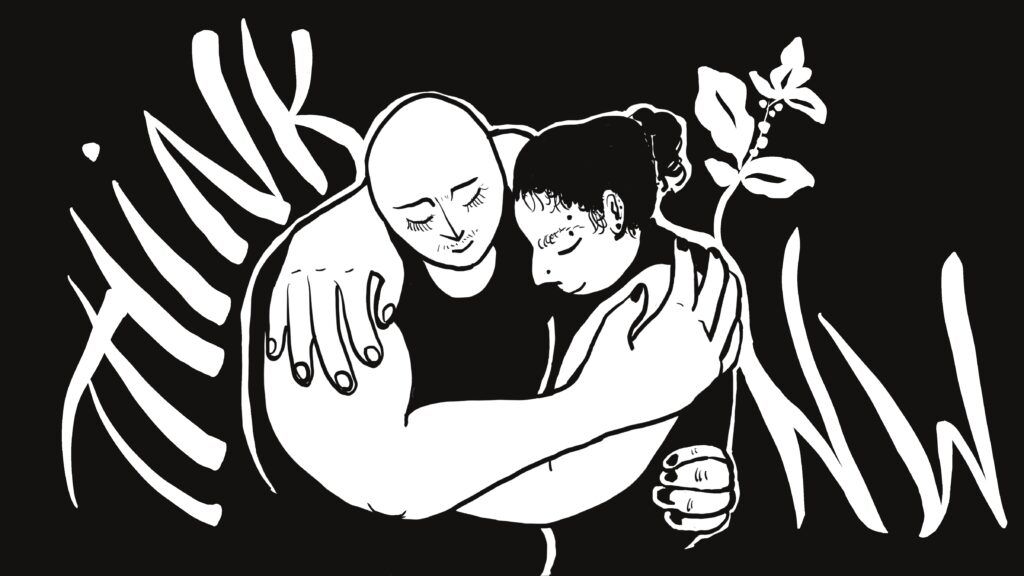 The ThinkNW logo reimagined with a black background and two people embracing in white.