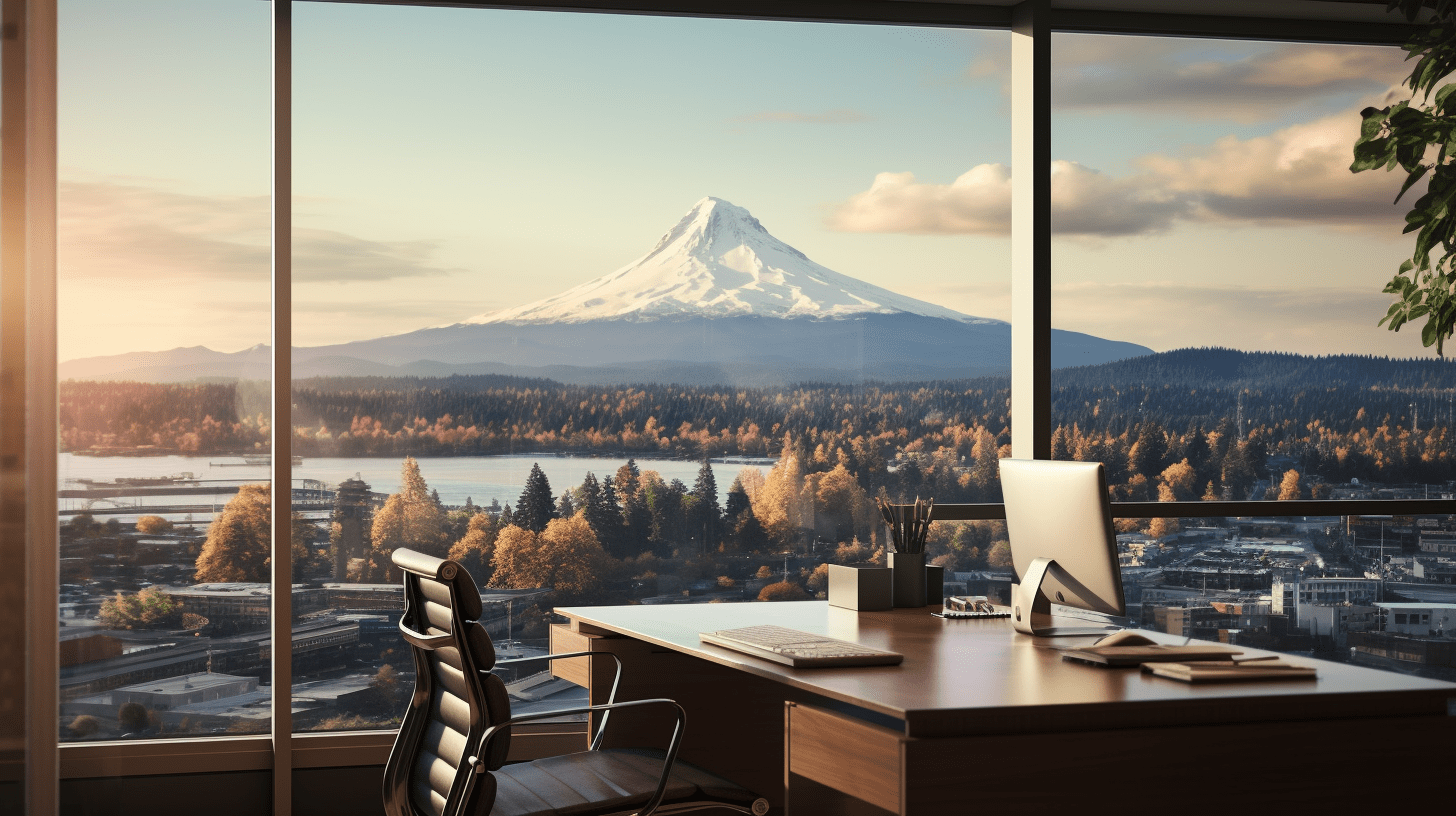 An animated image of Mt. Hood and the Willamette River from the view of an office.
