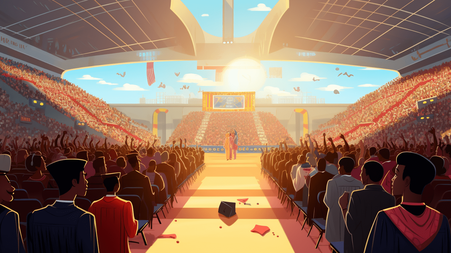 An animated image of a college graduation.