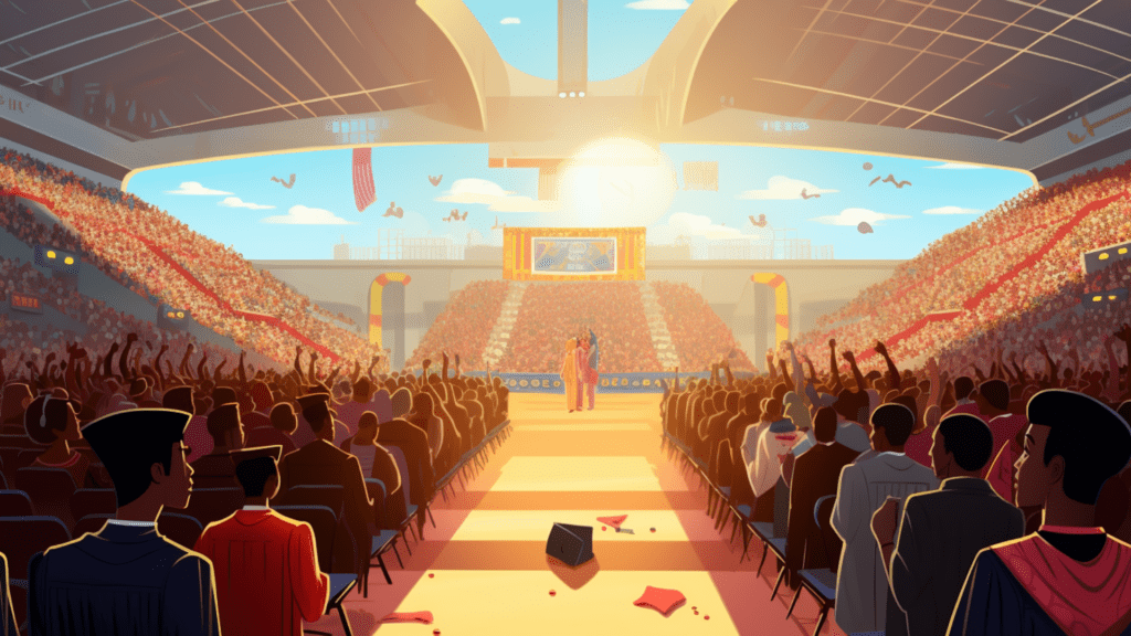 An animated image of a college graduation in a large auditorium.